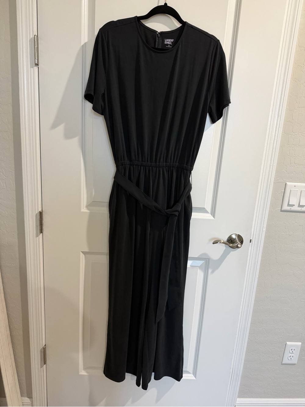 Lands' End Black Short-Sleeve Belted Maxi Jumpsuit